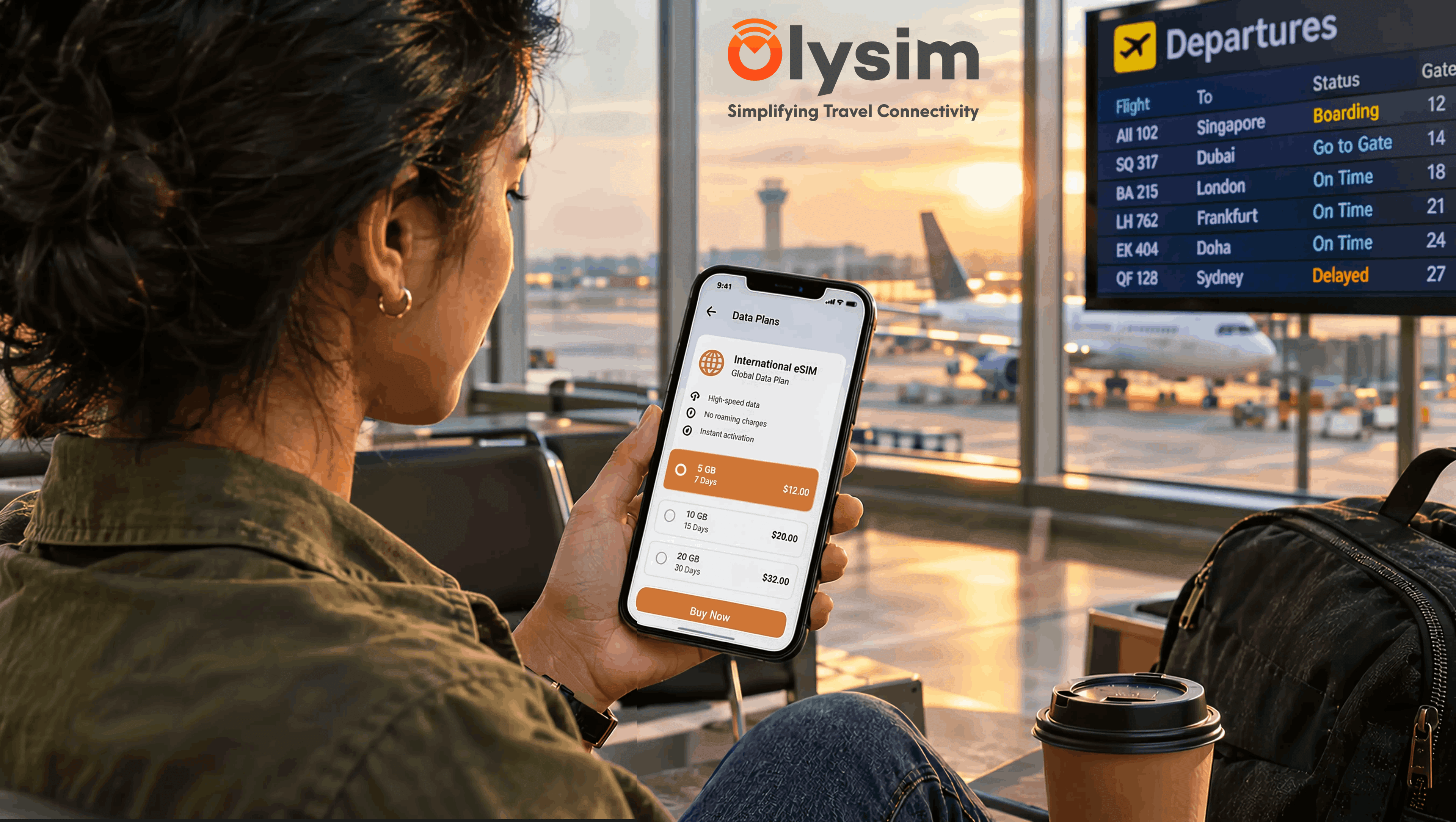 Traveller comparing a phone screen showing roaming charges against an eSIM plan screen at an airport gate